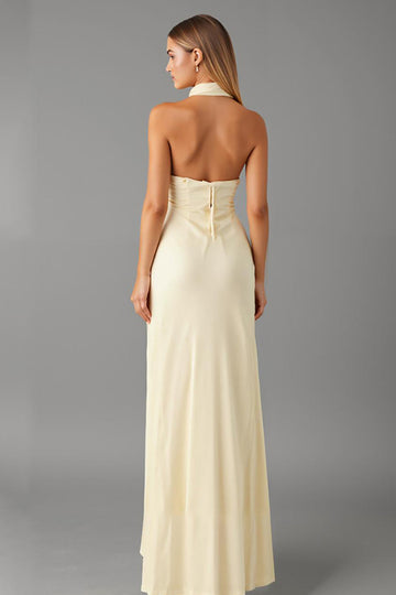 Robe formelle en mousseline de soie à col en V jonquille